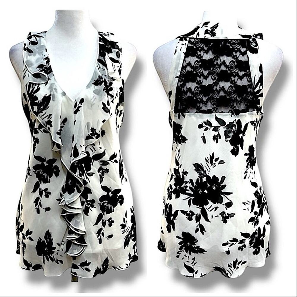 IZ BYER Sheer Black & White Floral Ruffle V Neck Blouse M